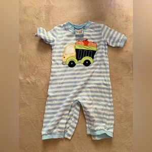 Striped Blue Bodysuit with Pumpkin Truck Design